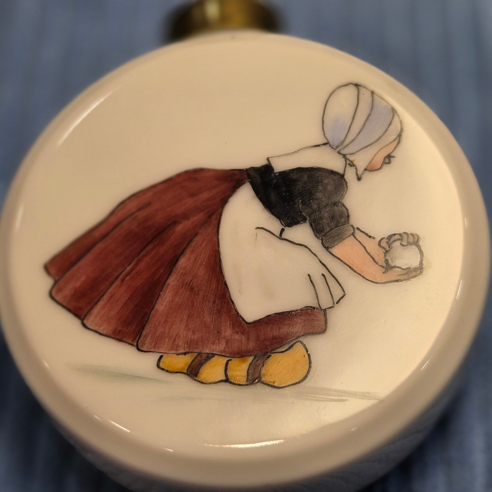 Vintage Dutch Scene Porcelain Disc Ornament Hand Painted Ceramic Ice Skating
